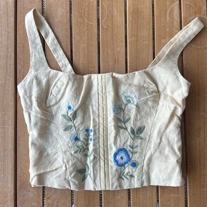 Reformation Butter Yellow Tank Top with Blue Floral Embroidery
